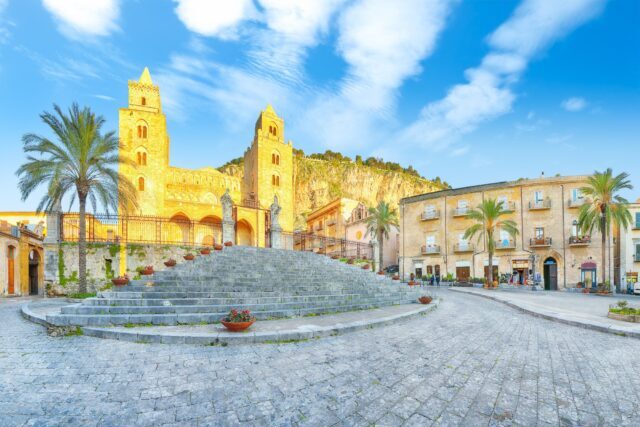 Attractive evening view on Cathedral-Basilica of Cefalu or Duomo di Cefalu and square Piazza